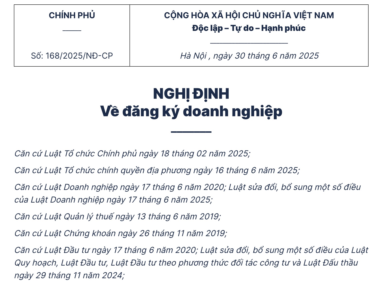 Nghị định 168/2025/NĐ-CP về đăng ký doanh nghiệp