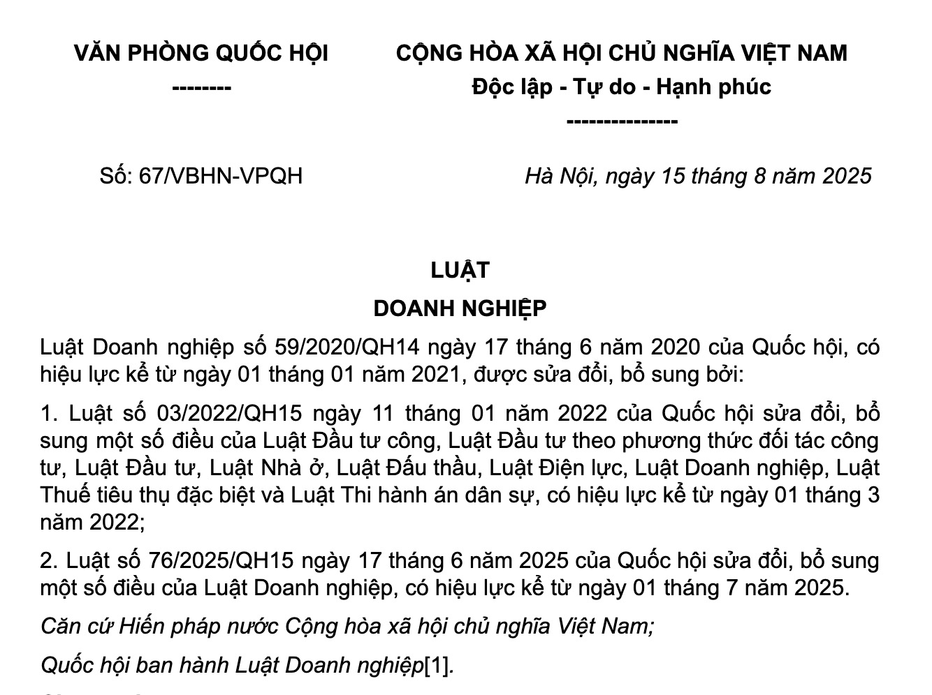 Luật Doanh nghiệp số 67/VBHN-VPQH ngày 15/8/2025